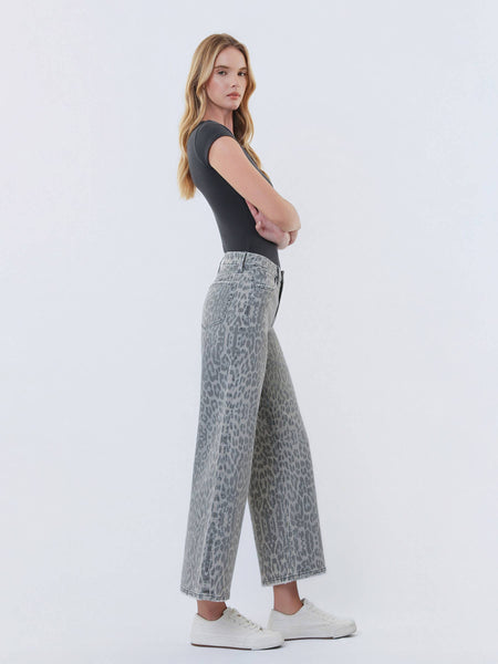 HIGH RISE GREY LEOPARD PRINT CROP WIDE LEG JEANS 331