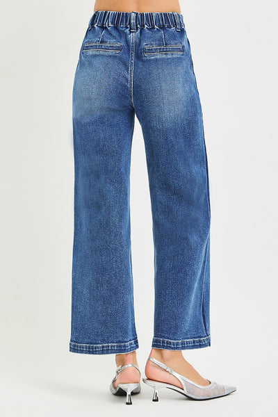 Risen Elastic Band High Rise Cropped Wide Jeans 21718