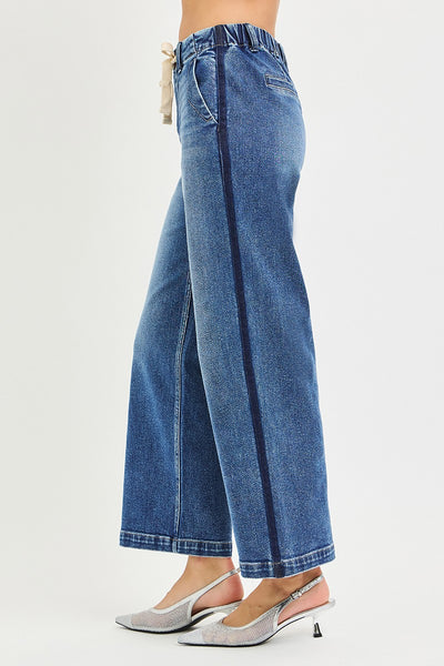 Risen Elastic Band High Rise Cropped Wide Jeans 21718