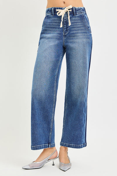 Risen Elastic Band High Rise Cropped Wide Jeans 21718