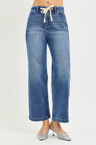 Risen Elastic Band High Rise Cropped Wide Jeans 21718