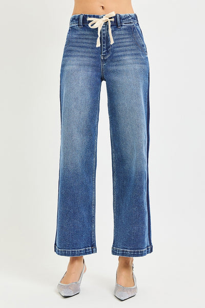 Risen Elastic Band High Rise Cropped Wide Jeans 21718
