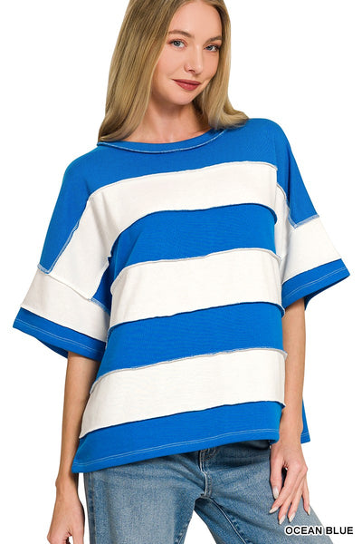 French Terry Striped Exposed Seam Top 5381