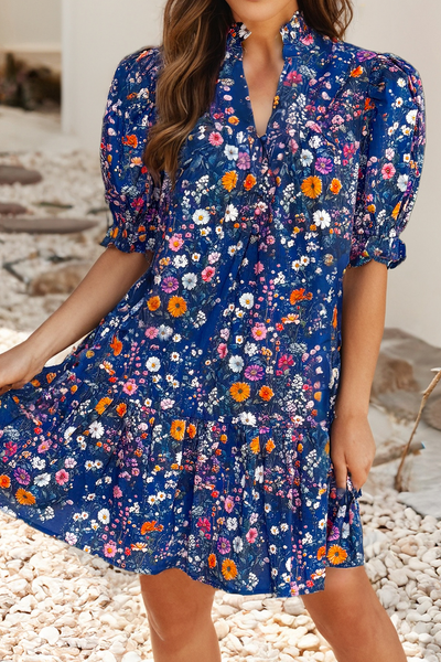 Wild Daisy Floral Split Neck Puff Sleeve Mini Dress 6857