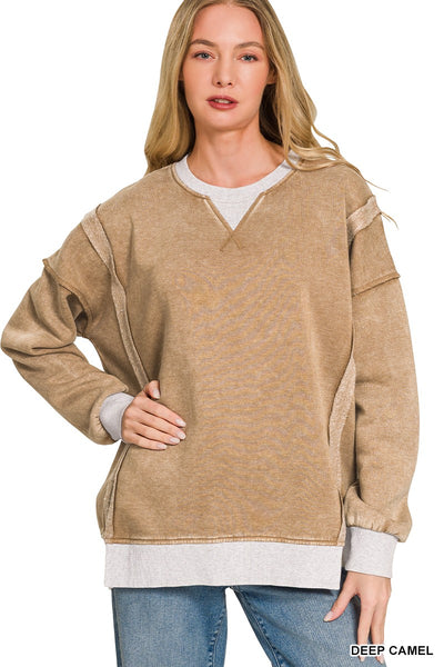 Fleece Acid Washed Contrast Trim Pullover 4580
