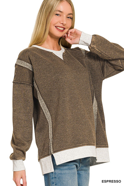 Fleece Acid Washed Contrast Trim Pullover 4580