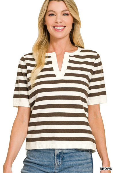 Split Neck Stripe Short Sleeve Sweater  2790