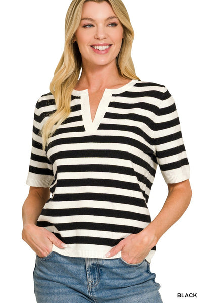Split Neck Stripe Short Sleeve Sweater  2790