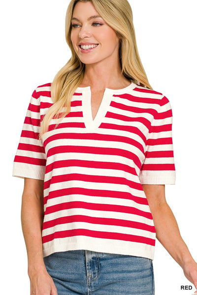 Split Neck Stripe Short Sleeve Sweater  2790