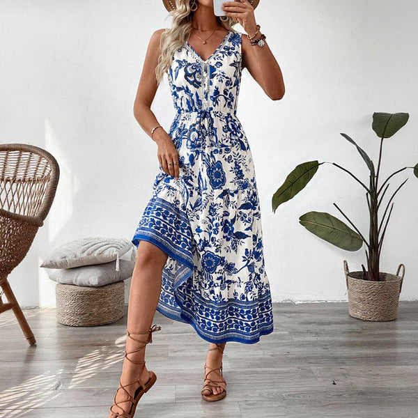 Blue Floral V Neck Sleeveless Maxi Dress 204