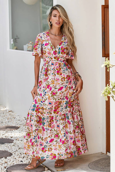 Floral Short Sleeve V Neck High Waist Maxi Dress 0320