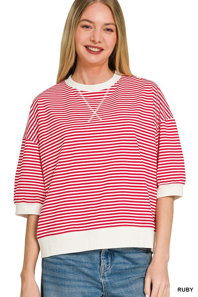 Striped Rib Banded Short Sleeve Pullover 3628