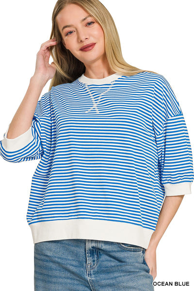 Striped Rib Banded Short Sleeve Pullover 3628