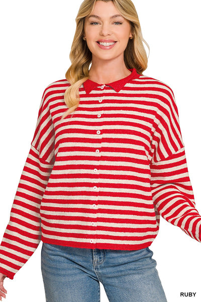 Striped Collared Button-down Sweater Cardigan 2784