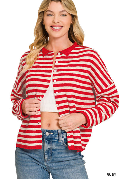 Striped Collared Button-down Sweater Cardigan 2784