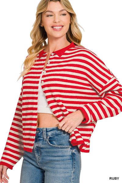 Striped Collared Button-down Sweater Cardigan 2784