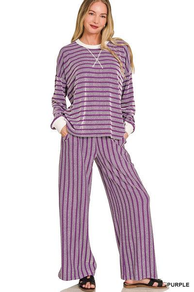 Raised Rib Striped Pullover & Pants Set 8660