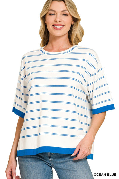 Viscose Stripe Short Sleeve Sweater 2809