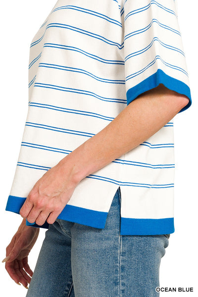 Viscose Stripe Short Sleeve Sweater 2809