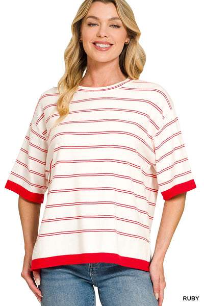 Viscose Stripe Short Sleeve Sweater 2809