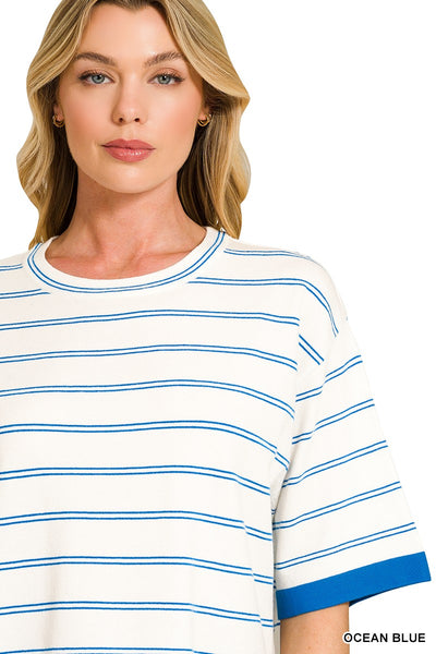 Viscose Stripe Short Sleeve Sweater 2809