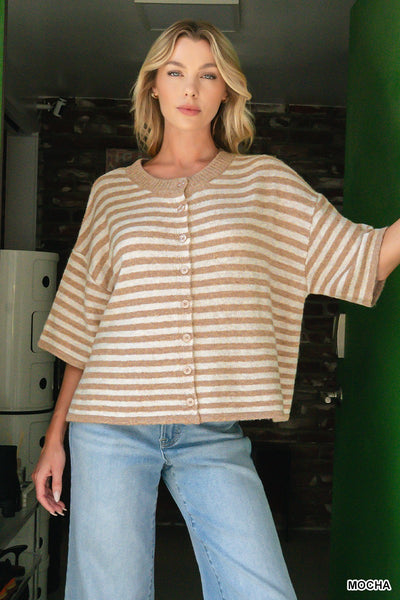 Striped Wool Blend Short Sleeve Cardigan 2835
