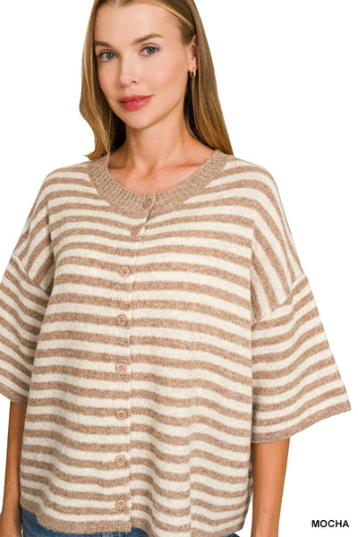 Striped Wool Blend Short Sleeve Cardigan 2835