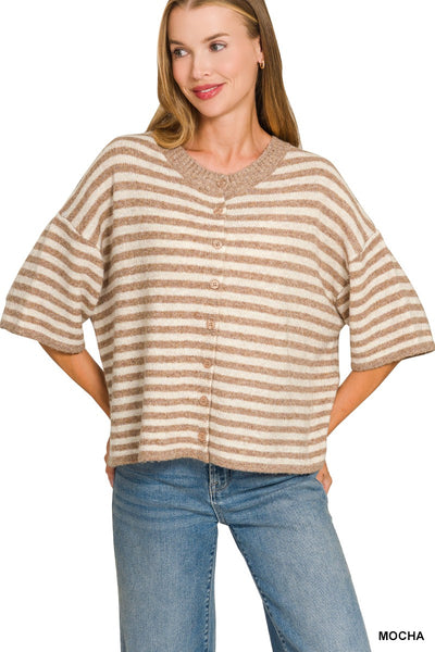Striped Wool Blend Short Sleeve Cardigan 2835