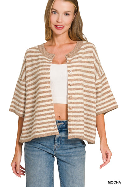 Striped Wool Blend Short Sleeve Cardigan 2835