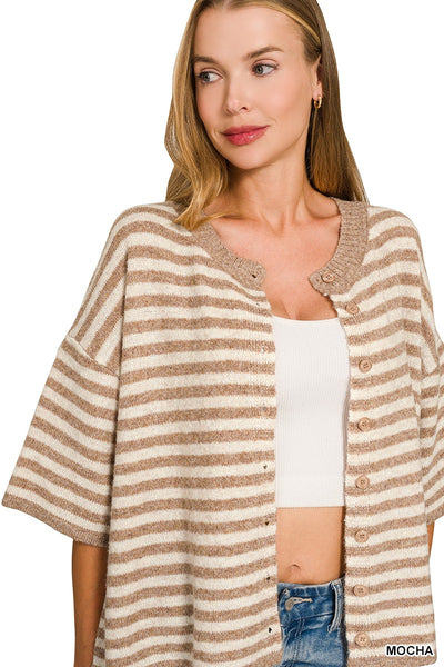 Striped Wool Blend Short Sleeve Cardigan 2835