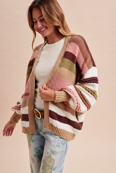 Multi Texture Striped Balloon Sleeve Cardigan 8939