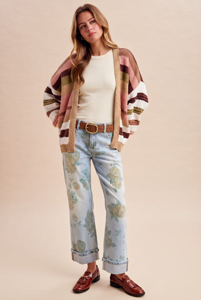Multi Texture Striped Balloon Sleeve Cardigan 8939