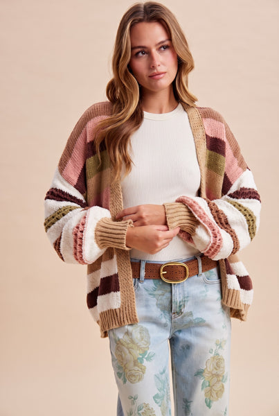 Multi Texture Striped Balloon Sleeve Cardigan 8939