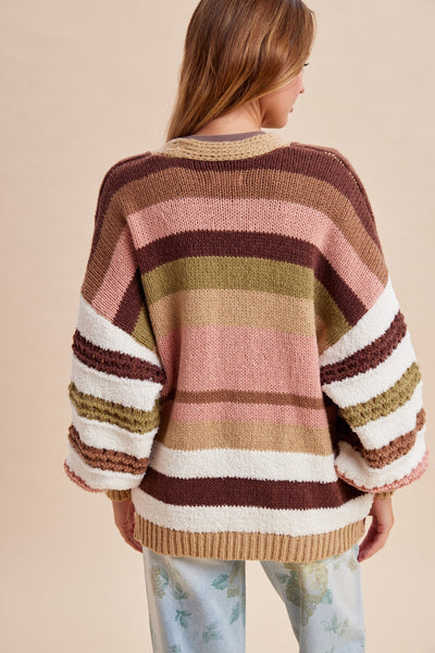 Multi Texture Striped Balloon Sleeve Cardigan 8939