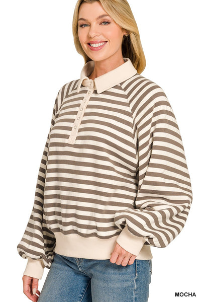Striped Fleece Half Snap Collared Pullover 4318