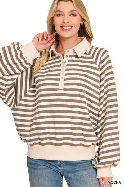Striped Fleece Half Snap Collared Pullover 4318