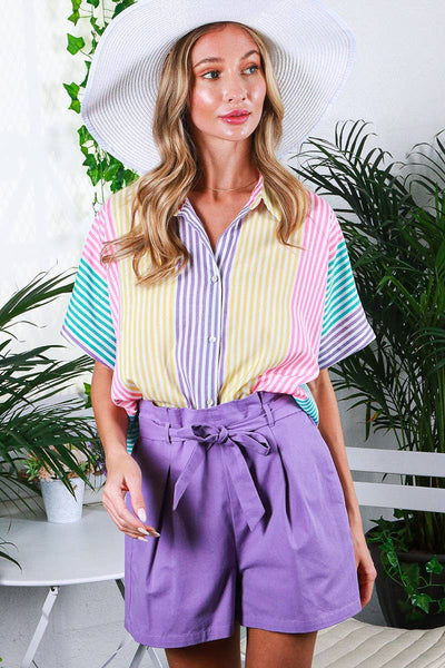 Collared Neck Short-Sleeve Multi-Striped Shirt Top 1625