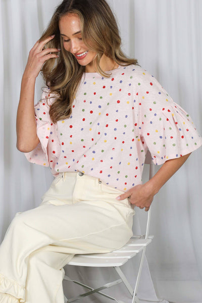 Colorful Polka Dot Short Ruffle Sleeve Knit Top 2765