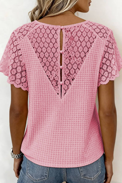 V Neck Textured Knit Floral Lace Short Sleeve Top 1409