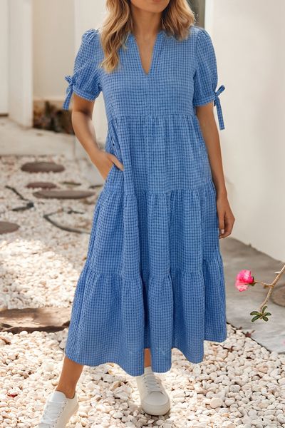 Gingham Textured Bow Tie Short Sleeve Tiered Midi Dress 704