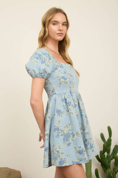 Floral Light Denim Puff Sleeve Mini Dress 1007