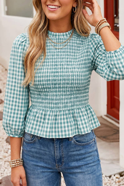 F/W26 Plaid Smocked Bodice Three Quarter Sleeve Casual Top