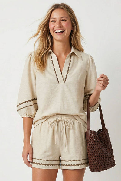 Contrast Trim Puff Sleeve Linen Blouse 9032
