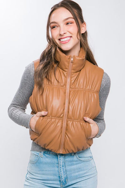 PU Faux Leather Puffer Vest With Pockets 095