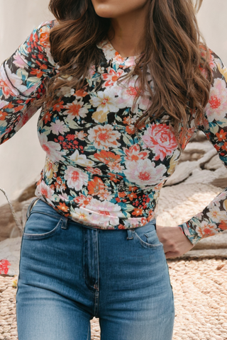 Floral Long Sleeve Round Neck Slim Mesh Top 421