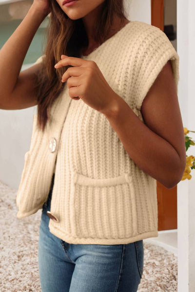 Solid Textured Knit Side Pockets Buttoned Sweater Vest 085