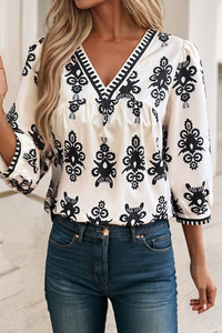 Vintage Printed 3/4 Sleeve V Neck Blouse 8564