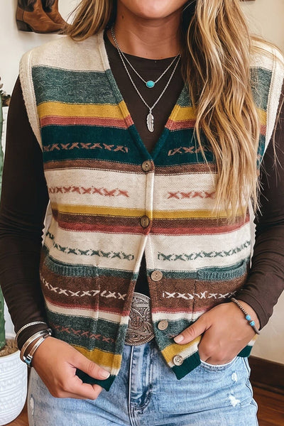 Striped Button Front Sleeveless Knit Sweater Vest 4336