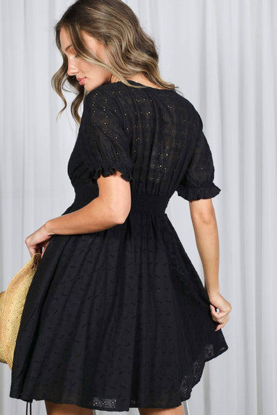 Floral Eyelet Lace 100%Cotton V-Neck Mini Dress 2901