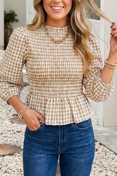 F/W26 Plaid Smocked Bodice Three Quarter Sleeve Casual Top